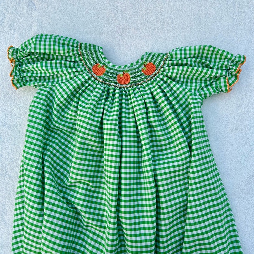 Southern Sunshine Hand Smocked Gingham Pumpkin Dress Bishop Green White Sz. 5T